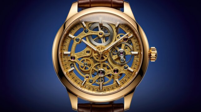 Luxurious gold skeleton watch with visible intricate gears and brown leather strap, set against a dark blue background.