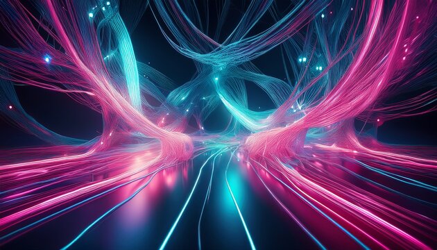 futuristic abstract network of glowing neon pink and teal fibers representing interdisciplinary nanomaterial bonding structures and advanced science lighting material science structure