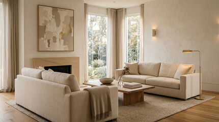 Fototapeta premium Modern living room beige sofa wooden coffee table natural light minimal decor