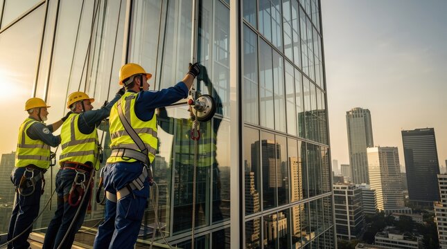 Workers in safety gear clean tall glass windows on a skyscraper, with a city skyline in the background during sunset.