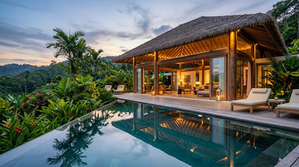 Obraz premium Luxury pool villa open design water reflection tropical plants clean wooden thatched roof lounge chair outdoor nature sunset tropical vacation resort relaxation modern architecture deck forest