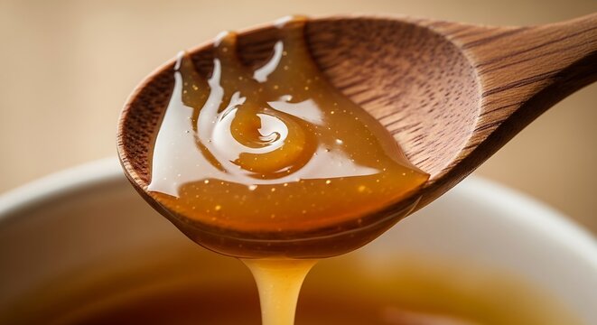 Golden syrup pouring from spoon