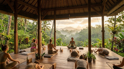 Fototapeta premium Tropical wellness retreat yoga natural wood greenery morning meditation exercise relaxation fitness group outdoor pavilion tropical forest sunrise healthy lifestyle mindfulness calm peaceful
