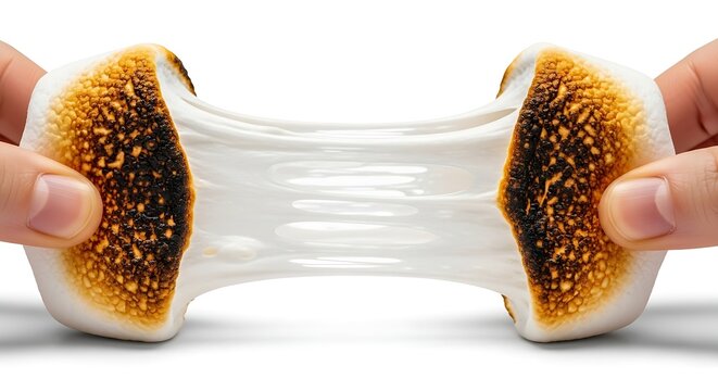 Two halves of a toasted bagel held by hands