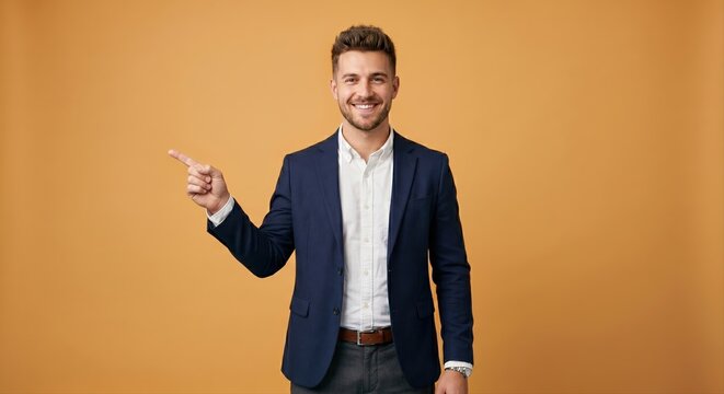 Cheerful businessman in a dark blue suit and white shirt gesturing with his left hand towards the left side of the frame against a warm orange background