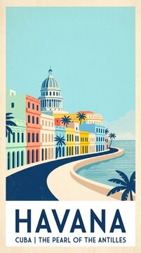 Vintage retro travel poster of Havana Cuba featuring colorful colonial buildings along curved seafront malecon with palm trees and capitol dome under bright blue sky. Pearl of the antilles atmosphere