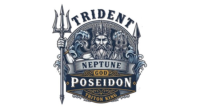 Mythological sea god figure with trident and waves illustration