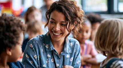 Fototapeta premium A wide shot of a teacher kneeling softly among calm young children mid activity in a cheerful bright classroom teacher children open faces bright classroom daylight workspace