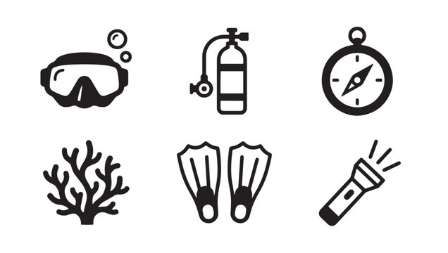 Set of scuba diving and underwater exploration equipment icons including mask oxygen tank compass coral flippers and flashlight with underwater exploration flippers flashlight adventure equipment