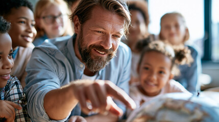 Fototapeta premium A wide shot of a teacher pointing softly at a calm bright globe while curious students gather close in a sunlit classroom geography lesson open faces bright classroom daylight