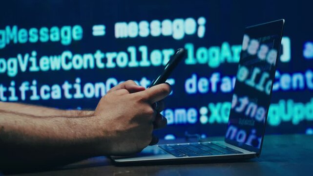 AI App Mobile Interface Software Developer Swiping Smartphone Screen to Generate Code in 4K Ultra HD footage
