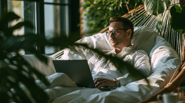 Remote worker enjoying a productive day in a tropical beach workspace surrounded by nature