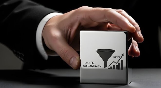 Roi focused digital advertising concept a hand holding a cube with growth chart