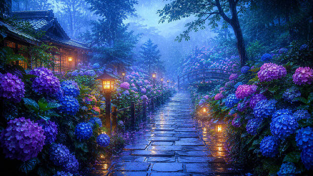 Enchanting Hydrangea Path in a Garden