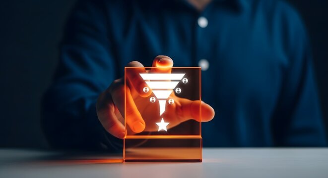 Sales funnel visualization with person holding hologram