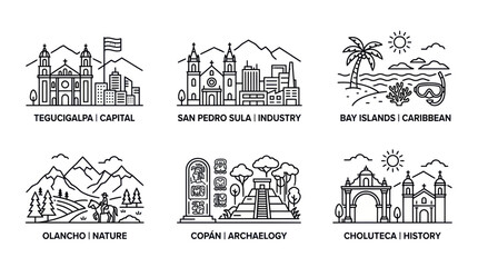 Obraz premium Honduras Travel Icons: Capital Cities, Nature, Archaeology, Caribbean
