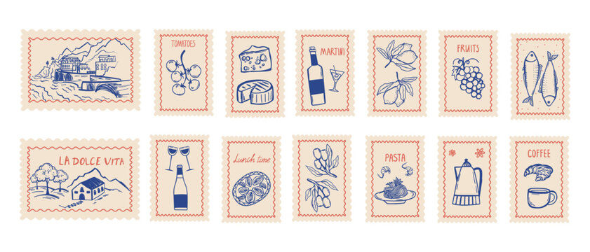 Vintage Italy postcard frame with summer vibes. Hand-drawn Mediterranean elements including lemons, seafood, and beach motifs in retro postage stamp style for cards