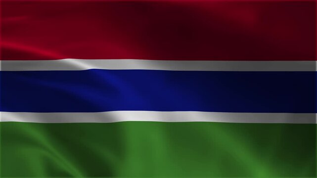 Gambia Flag Waving: Realistic Fabric Texture Loop Video of Gambian National Emblem with Red Blue Green Stripes, West African Country Identity, Banjul Celebration Independence Day Motion Background