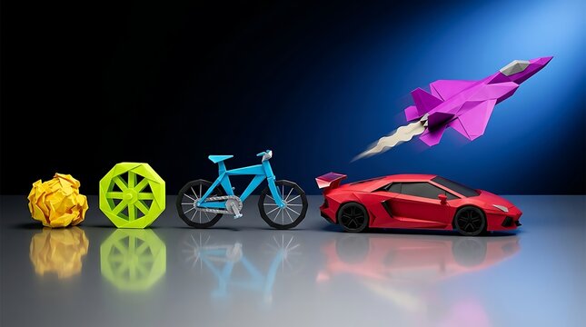 Transport evolution concept showing low poly transformation from crumpled paper to wheel bicycle sports car and fighter jet