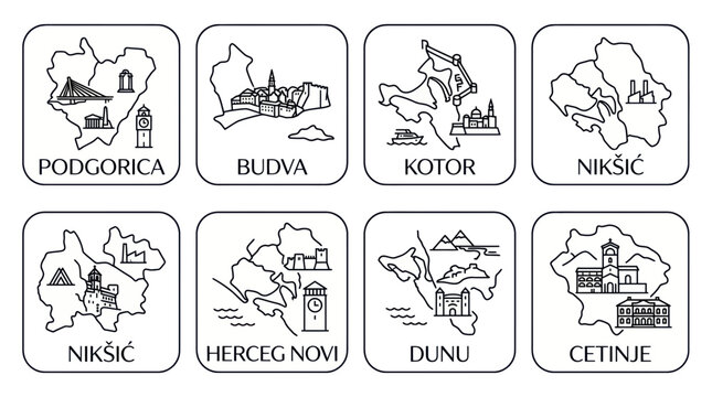 Montenegro Cities Map Icons: Podgorica, Budva, Kotor, Niksic, Herceg Novi, Duni, Cetinje