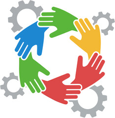 Obraz premium Colorful hands and gears promoting international day of cooperatives