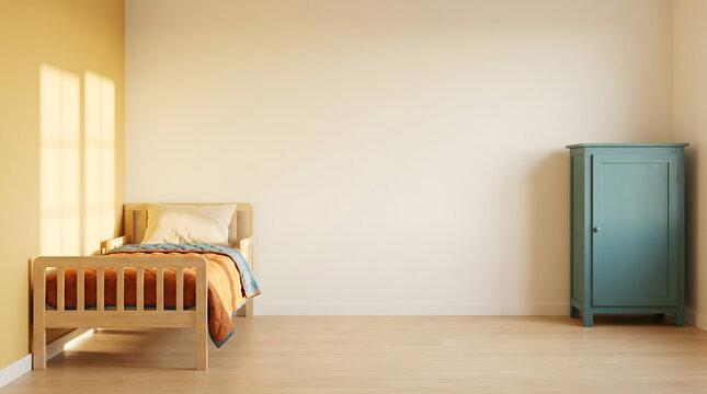 Wooden single bed and teal cabinet in a minimalist bedroom with sunlight streaming through the window