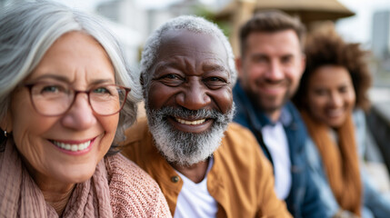 Fototapeta premium A wide shot of a group of senior friends smiling softly together outdoors on a calm bright sunny day senior friends open faces bright outdoors daylight workspace full scene
