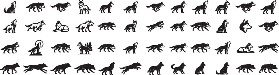 Obraz premium Wolf icons collection featuring various poses like running howling sitting and jumping in black silhouette style
