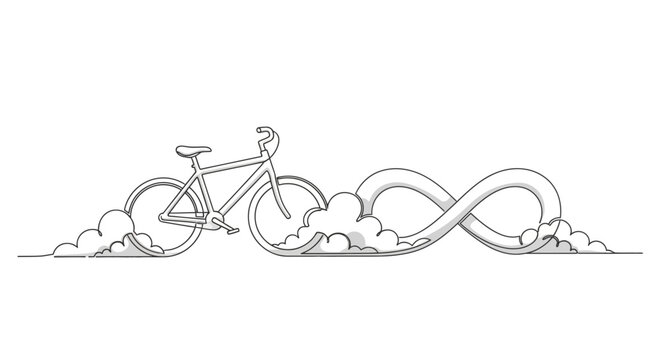 Bicycle riding through infinity loop cloud formation, concept of endless journey or freedom