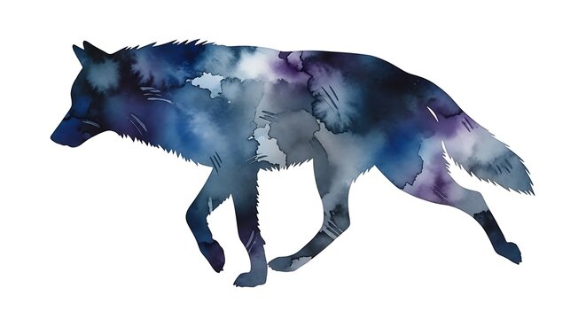 Silhouette of a wolf filled with a celestial watercolor nebula pattern