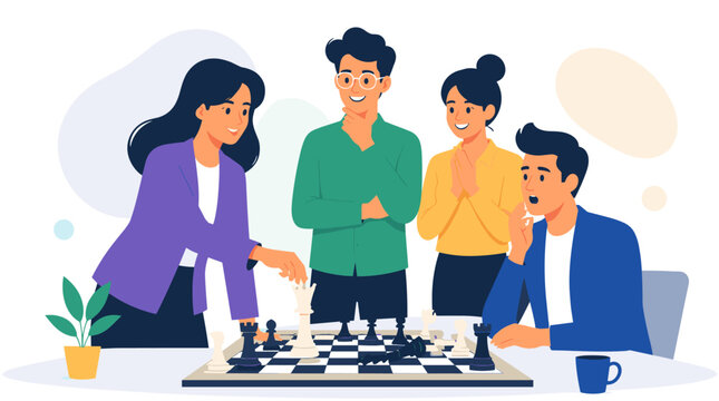 Group Of Four Friends Plays Chess Match On A Bright Indoor Table For International Chess Day Celebration