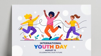 Fototapeta premium International Youth Day banner for August 12, diverse happy teenagers jumping and celebrating, vibrant youth empowerment illustration for social media