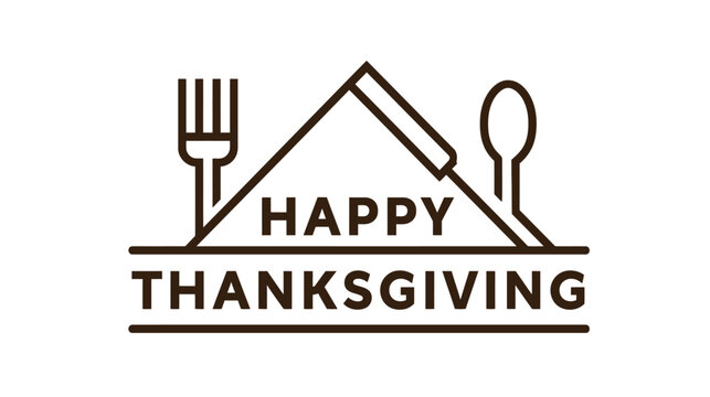 Thanksgiving dinner table setting depicted through a linear icon graphic featuring a napkin with cutlery and text to celebrate the traditional autumn harvest holiday feast with family members.