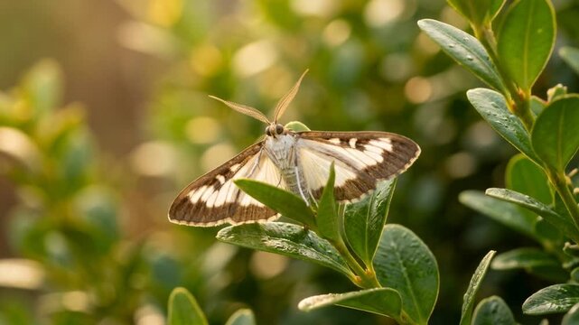 box tree moth close up on leaf golden light europe video