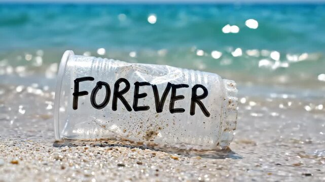 Plastic cup with word FOREVER lies on sandy beach near ocean waves, highlighting pollution, waste, and environment impact on beach and ocean sand