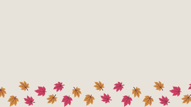 Seamless looping background animation of swinging red and orange maple leaves at the bottom. Flat style seasonal autumn illustration with copy space on cream beige solid color