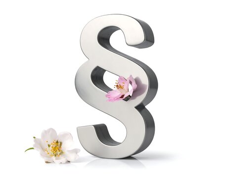 A large silver paragraph symbol with pink and white flowers