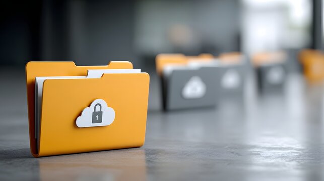 Corporate cloud storage service with glowing folders and digital security symbols, realistic business stock image