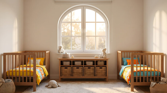 Twin childrens bedroom with wooden cribs arched window and natural sunlight