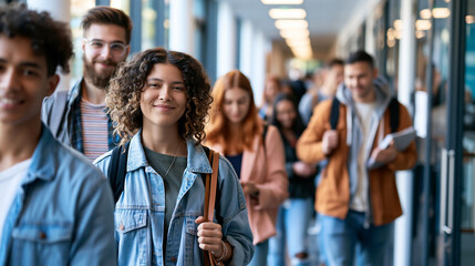 Fototapeta na wymiar A wide shot of a group of students strolling softly together down a calm sunlit modern university hallway students hallway open faces bright interior daylight workspace full