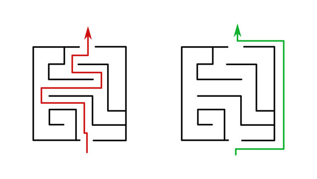 Business maze puzzle vector comparing a clever complex internal path vs a wise and simple shortcut outside