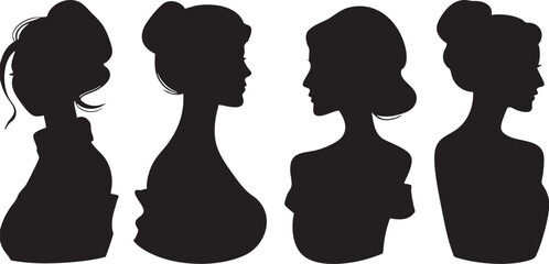 A striking arrangement of four black female silhouettes, gracefully facing both left and right, showcasing a diverse collection of elegant updos against a clean white background. © IconicWave