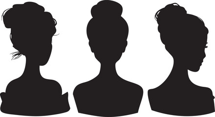 A striking collection of three diverse female silhouettes showcasing various hairstyles, with one woman facing forward and two in profile against a clean white background. © IconicWave