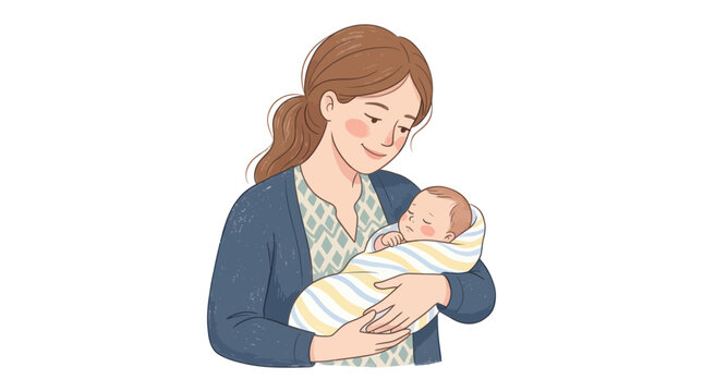 Mother holding sleeping newborn baby in her arms, tender moment, gentle embrace