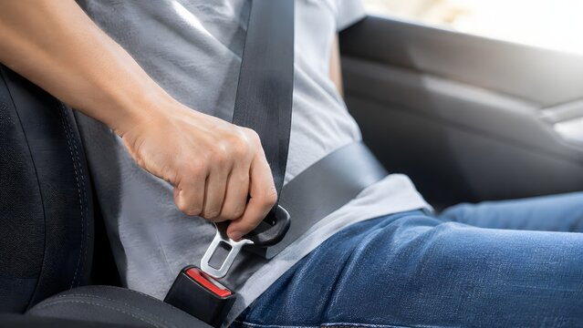 Driver fastening seat belt inside a car for safety drive road trip security transportation care