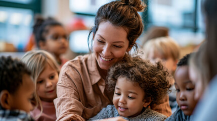 Obraz premium A wide shot of a group of children gathered softly around a calm teacher exploring a bright lesson in a preschool room preschool learning open faces bright classroom daylight