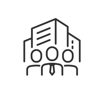 Corporate team, linear icon. Business team in front of office building. Line with editable stroke.