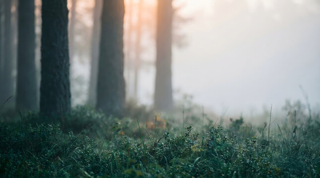 Misty forest scene with tree trunks and low-lying vegetation in early morning light
