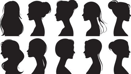 A striking collection of ten elegant female side profile silhouettes showcasing a wide array of beautiful hairstyles, ideal for beauty, fashion, or illustrative design projects. © IconicWave