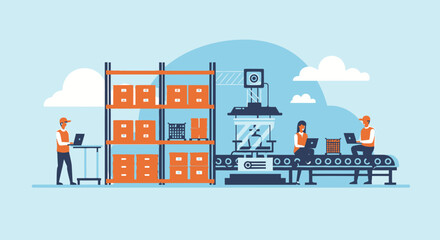 Fototapeta premium Flat vector illustration of workers in a modern warehouse and automated production line.